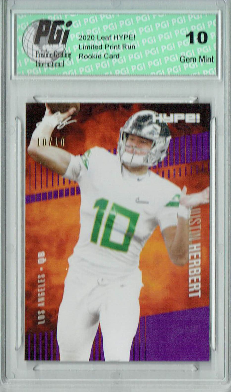 Justin Herbert Rookie Card Los Angeles PGI 10 Gem Mint Football Trading Card 2020 Leaf HYPE! #27A Purple, Jersey #10 of 10