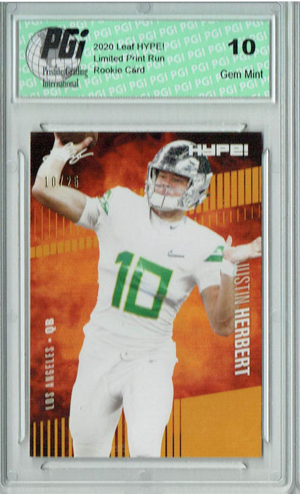 Justin Herbert 2020 Leaf HYPE! #27A Gold, Jersey #10 of 25 Rookie Card PGI 10