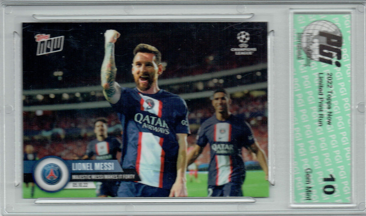 Lionel Messi 2022 Topps Now #33 Majestic Messi Makes History Trading Card PGI 10
