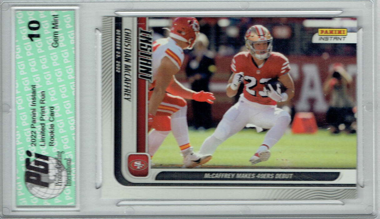 Christian McCaffrey 2022 Panini Instant #77, 1 of 285 1st 49ers Card PGI 10