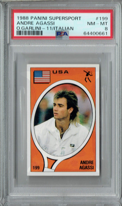 PSA 8 NM-MT Andre Agassi 1988 Panini Supersport #199 Rookie Card Italian Made