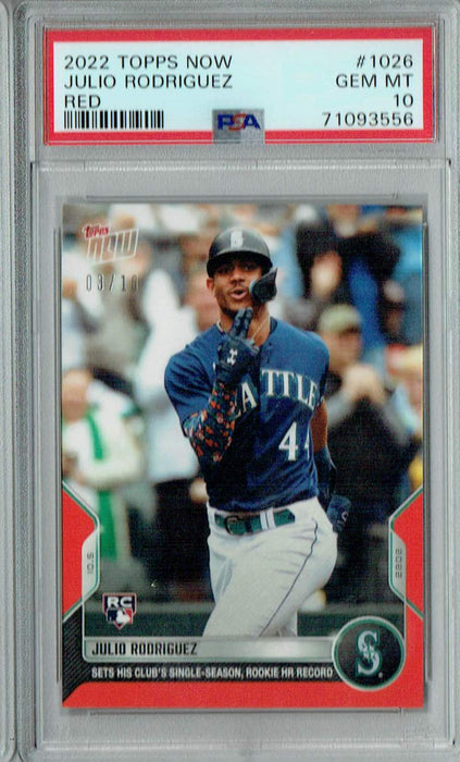 PSA 10 GEM-MT Julio Rodriguez 2022 Topps Now #1026 Rookie Card Red #3/10