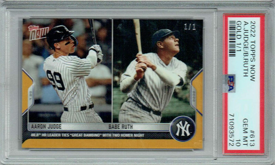 PSA 10 Aaron Judge/Babe Ruth 2022 Topps Now #613 Yankees Legends Card Gold 1/1