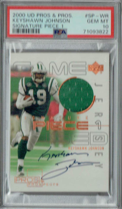 PSA 10 GEM-MT Keyshawn Johnson 2000 UD Pros & Pros #SP-WR Rare Trading Card Signature Piece 1