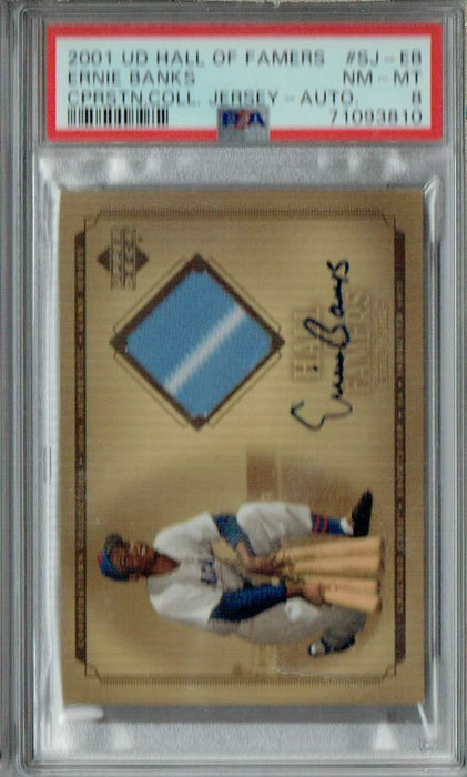 PSA 8 NM-MT Ernie Banks 2001 UD Hall Of Famers #SJ-EB Rare Trading Card CPRSTN.COLL.Jersey-Auto