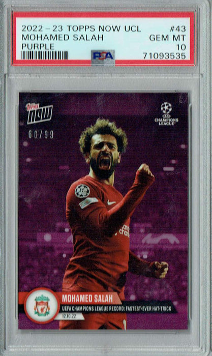 PSA 10 GEM-MT Mohamed Salah 2022 Topps Now #43 Rare Trading Card Purple #60/99