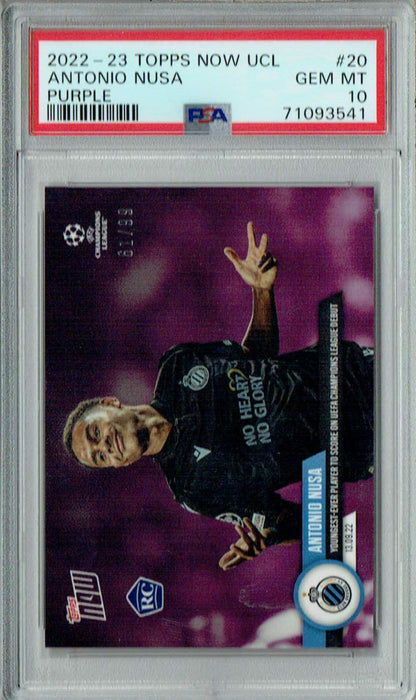 PSA 10 GEM-MT Antonio Nusa 2022-23 Topps Now UCL #20 Rare Trading Card Purple #61/99