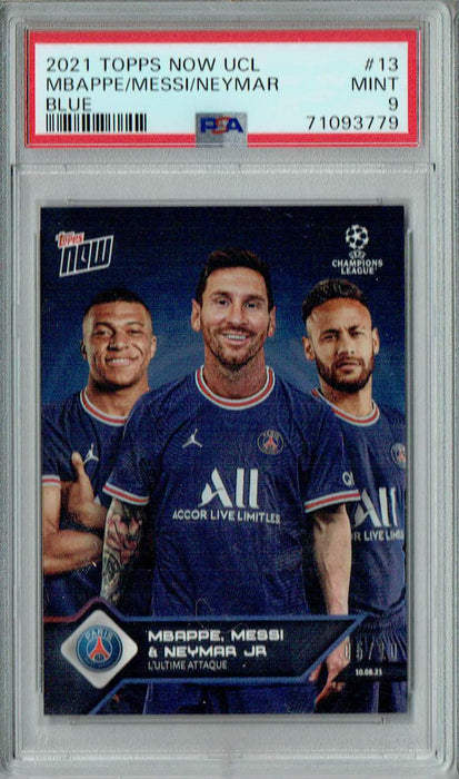 PSA 9 MINT Mbappe/Messi/Neymar 2021 Topps Now UCL #13 Rare Trading Card Blue SP #5/10