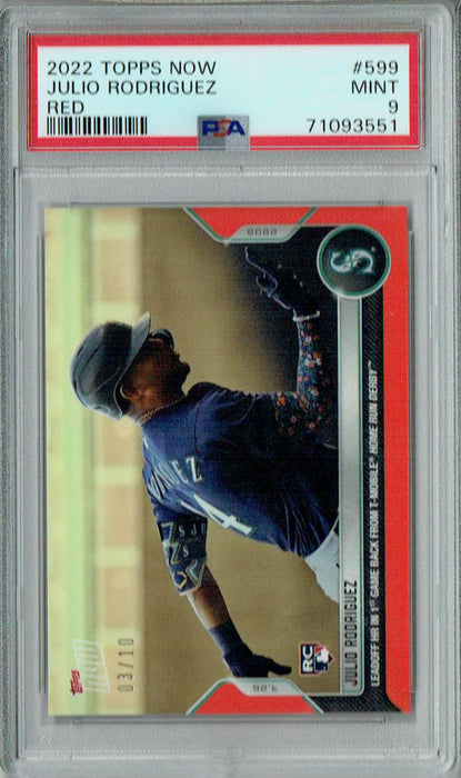 PSA 9 MINT Julio Rodriguez 2022 Topps Now #599 Rookie Card Red #3/10