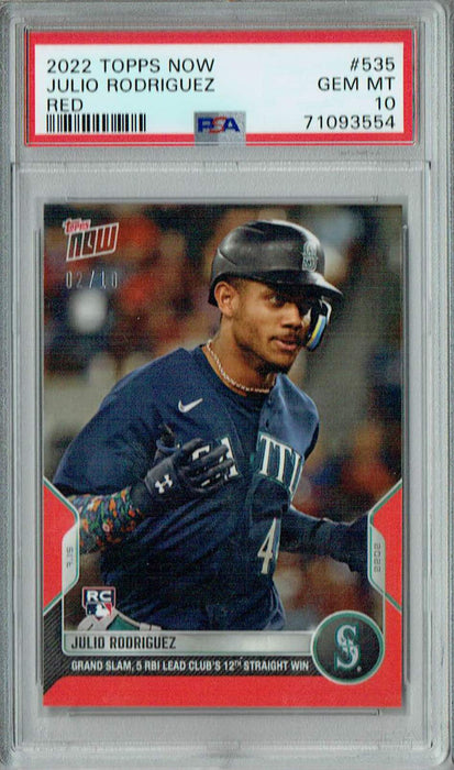 PSA 10 GEM-MT Julio Rodriguez 2022 Topps Now #535 Rookie Card Red #2/10