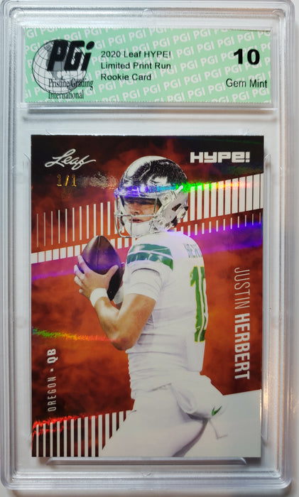 Justin Herbert 2020 Leaf HYPE! #27 White Shimmer 1/1 Rookie Card PGI 10