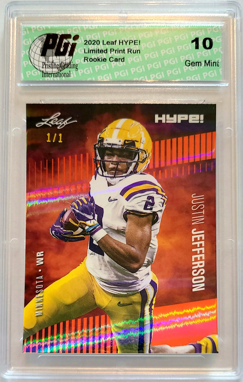 Justin Jefferson Rookie Card Minnesota PGI 10 Gem Mint Football Trading Card 2020 Leaf HYPE! #54A Orange Shimmer 1/1