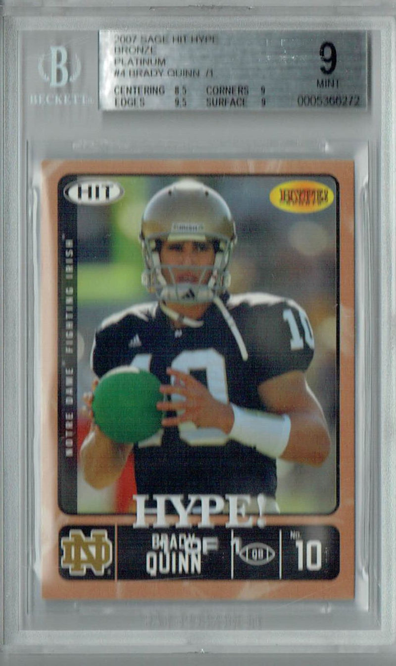BGS 9 Mint Brady Quinn 2007 Sage Hit Hype #4 Rookie Card Bronze Platinum 1/1
