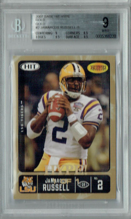 BGS 9 Mint Jamarcus Russell 2007 Sage Hit Hype #2 Rookie Card Gold 1/1