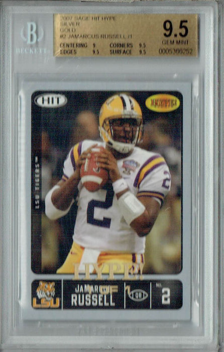 BGS 9.5 Gem Mint Jamarcus Russell 2007 Sage Hit Hype #2 Rookie Card Silver-Gold 1/1