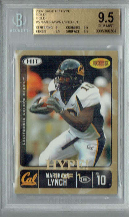 BGS 9.5 Gem Mint Marshawn Lynch 2007 Sage Hit Hype #5 Rookie Card Gold 1/1