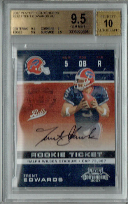 BGS 9.5 Gem Mint Trent Edwards 2007 Playoff Contenders #232 Rookie Card Auto