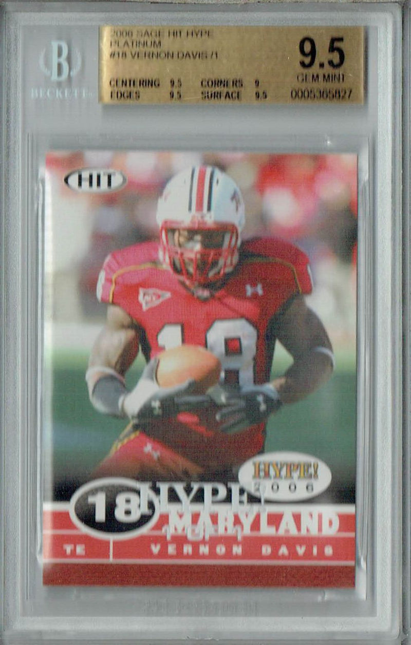 BGS 9.5 Gem Mint Vernon Davis 2006 Sage Hit Hype #18 Rookie Card Platinum 1/1
