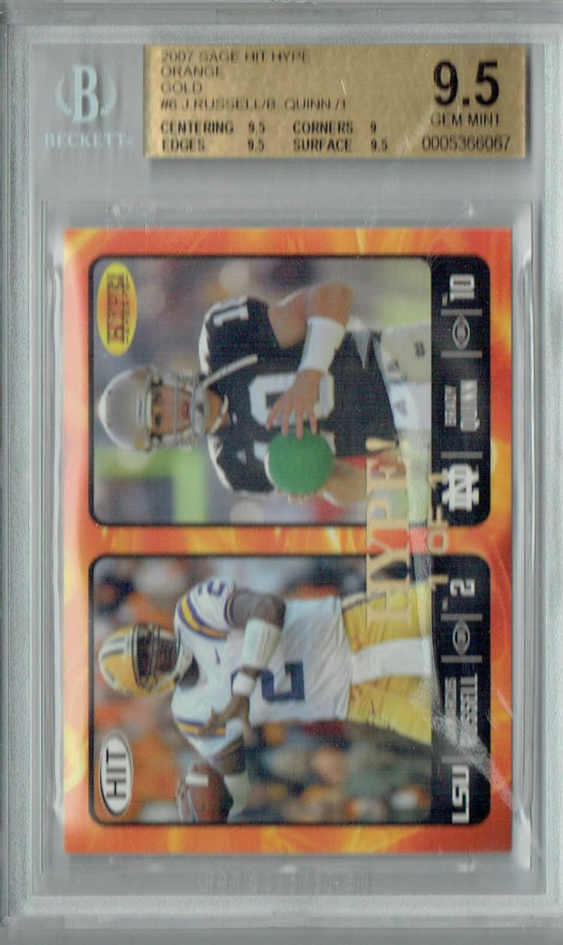 BGS 9.5 Gem Mint Jamarcus Russell/Brady Quinn 2007 Sage Hit Hype #6 Rookie Card Orange Gold 1/1