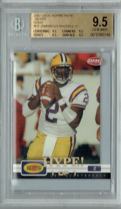 BGS 9.5 Gem Mint Jamarcus Russell 2007 Sage Aspire Hype #H1 Rookie Card Silver Gold 1/1