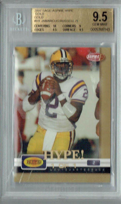 BGS 9.5 Gem Mint Jamarcus Russell 2007 Sage Aspire Hype #H1 Rookie Card Gold Gold 1/1
