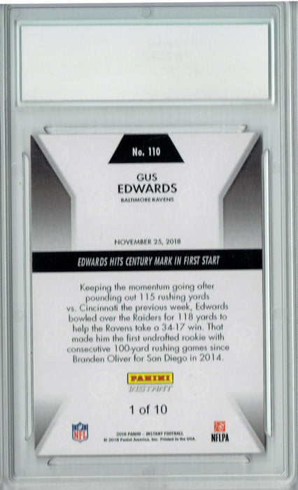 Gus Edwards 2018 Panini Instant #110 Green SP The #1 of 10 Rookie Card PGI 10