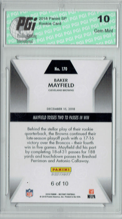 Baker Mayfield 2018 Panini Instant #170 Jersey #6 of 10 Rookie Card PGI 10