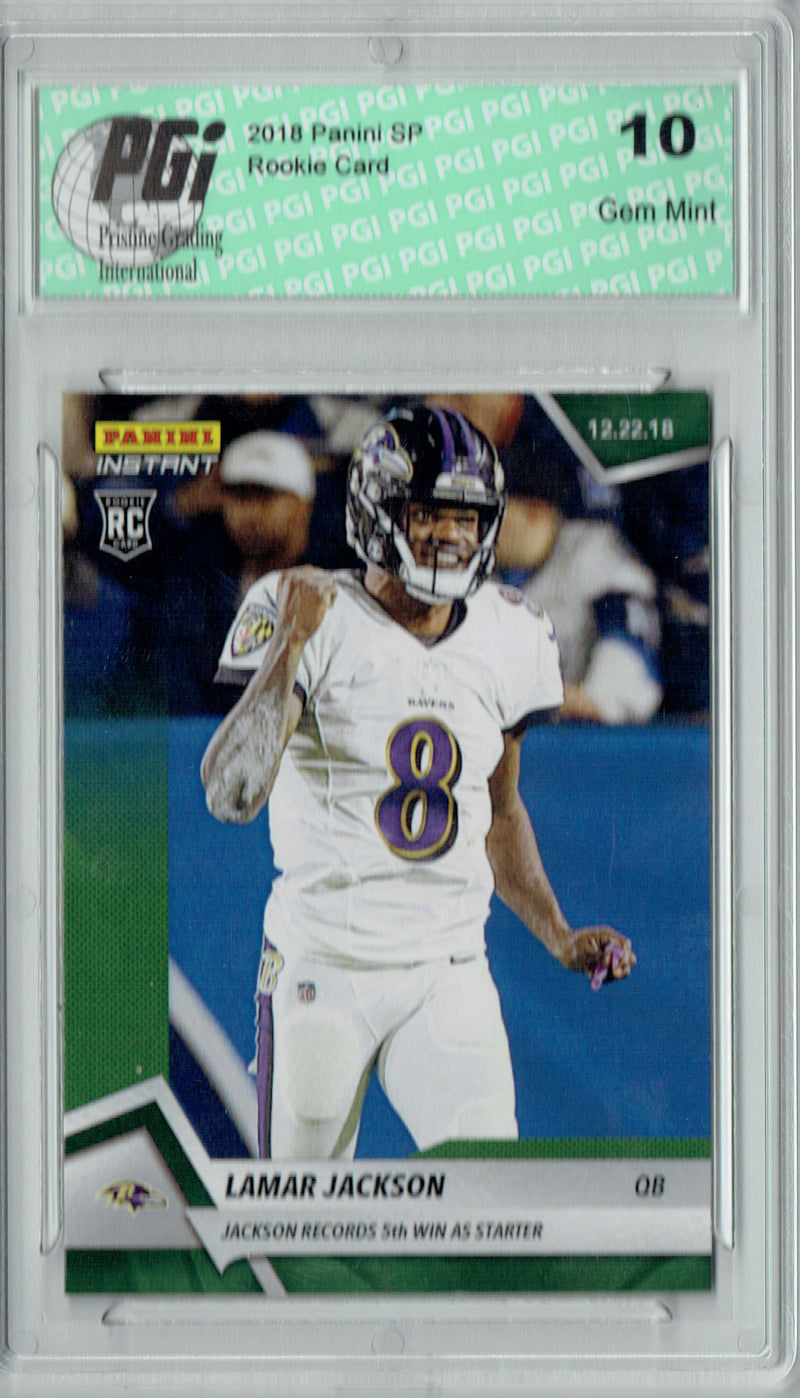 Lamar Jackson 2018 Panini Instant #195 Green SP, 10 Made Rookie Card PGI 10