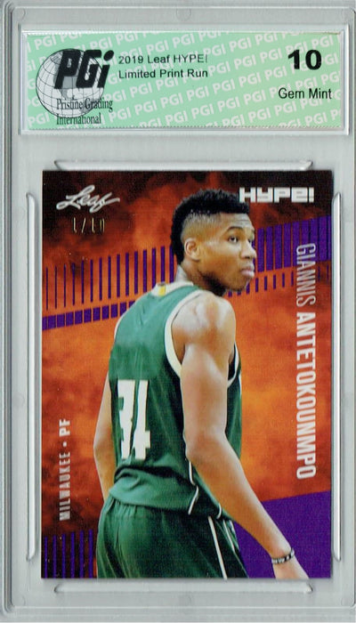 Giannis Antetokounmpo 2019 Leaf HYPE! #32 Purple The #1 of 10 Rookie Card PGI 10