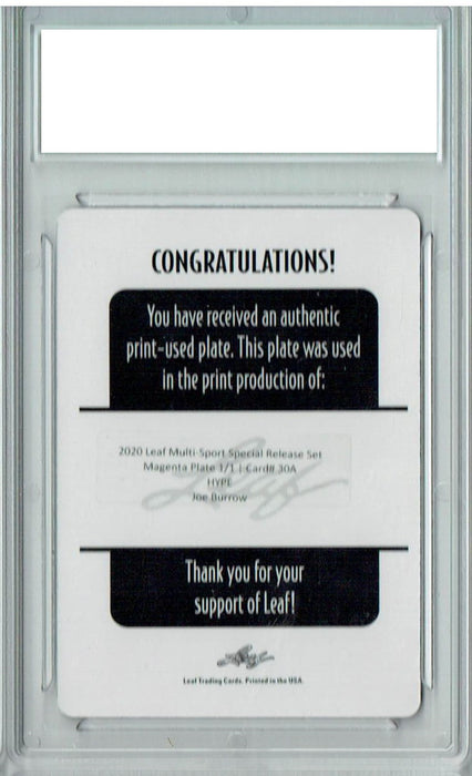 Joe Burrow 2020 Leaf HYPE! #30A 1/1 Printing Plate Magenta Rookie Card PGI 10
