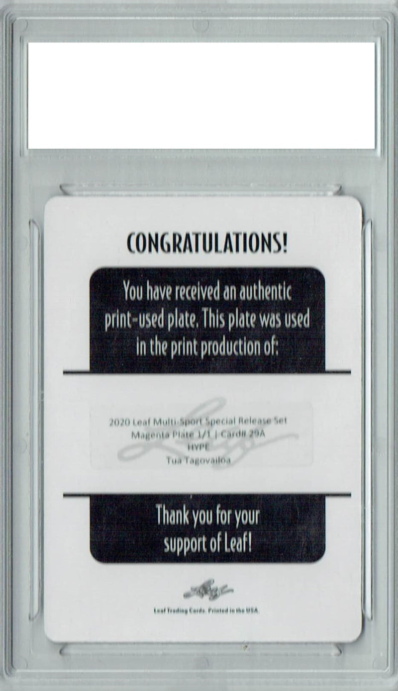 Tua Tagovailoa Rookie Card Miami PGI 10 Gem Mint Football Trading Card 2020 Leaf HYPE! #29A 1/1 Print Plate Magenta