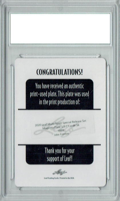 Jake Fromm 2020 Leaf HYPE! #34 1/1 Plate Magenta Rookie Card PGI 10