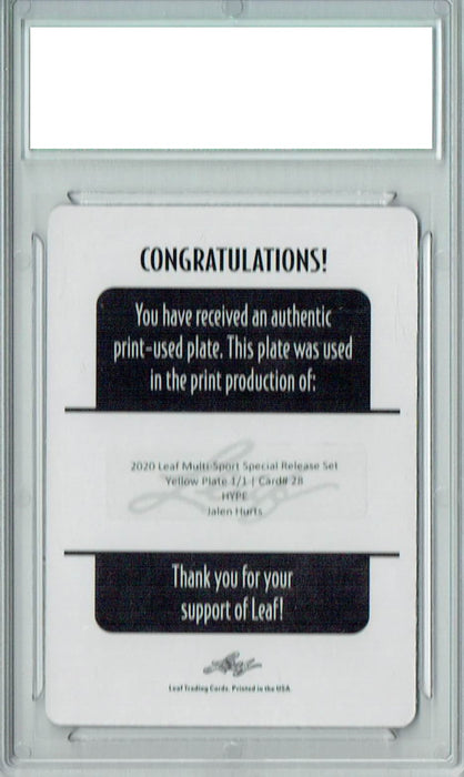 Jalen Hurts 2020 Leaf HYPE! #28 1/1 Printing Plate Yellow Rookie Card PGI 10