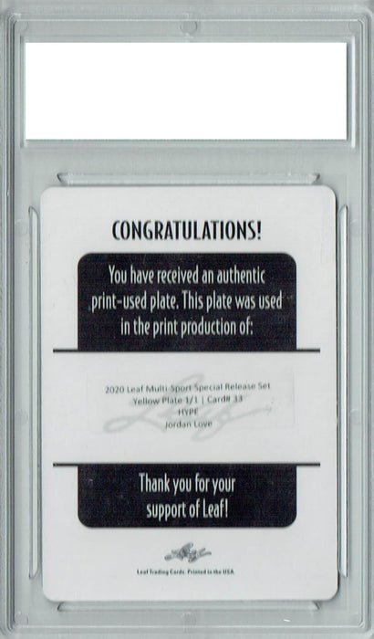 Jordan Love 2020 Leaf HYPE! #33 1/1 Printing Plate Yellow Rookie Card PGI 10