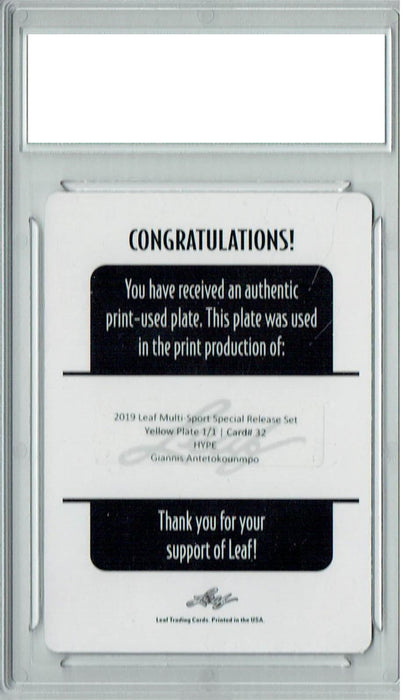 Giannis Antetokounmpo 2019 Leaf HYPE! #32 1/1  Plate Yellow Rookie Card PGI 10