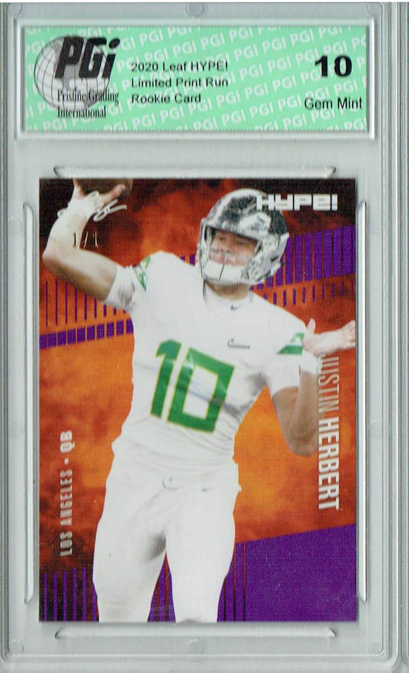 Justin Herbert Rookie Card Los Angeles PGI 10 Gem Mint Football Trading Card 2020 Leaf HYPE! #27A Purple Blank Back 1/1