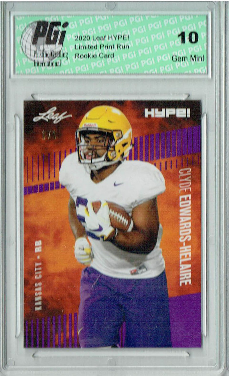 Clyde Edwards-Helaire Rookie Card Kansas City PGI 10 Gem Mint Football Trading Card 2020 Leaf HYPE! #36A Purple Blank Back 1/1