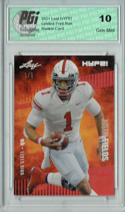 Justin Fields 2021 Leaf HYPE! #50A Red Blank Back, 1/1 Rookie Card PGI 10