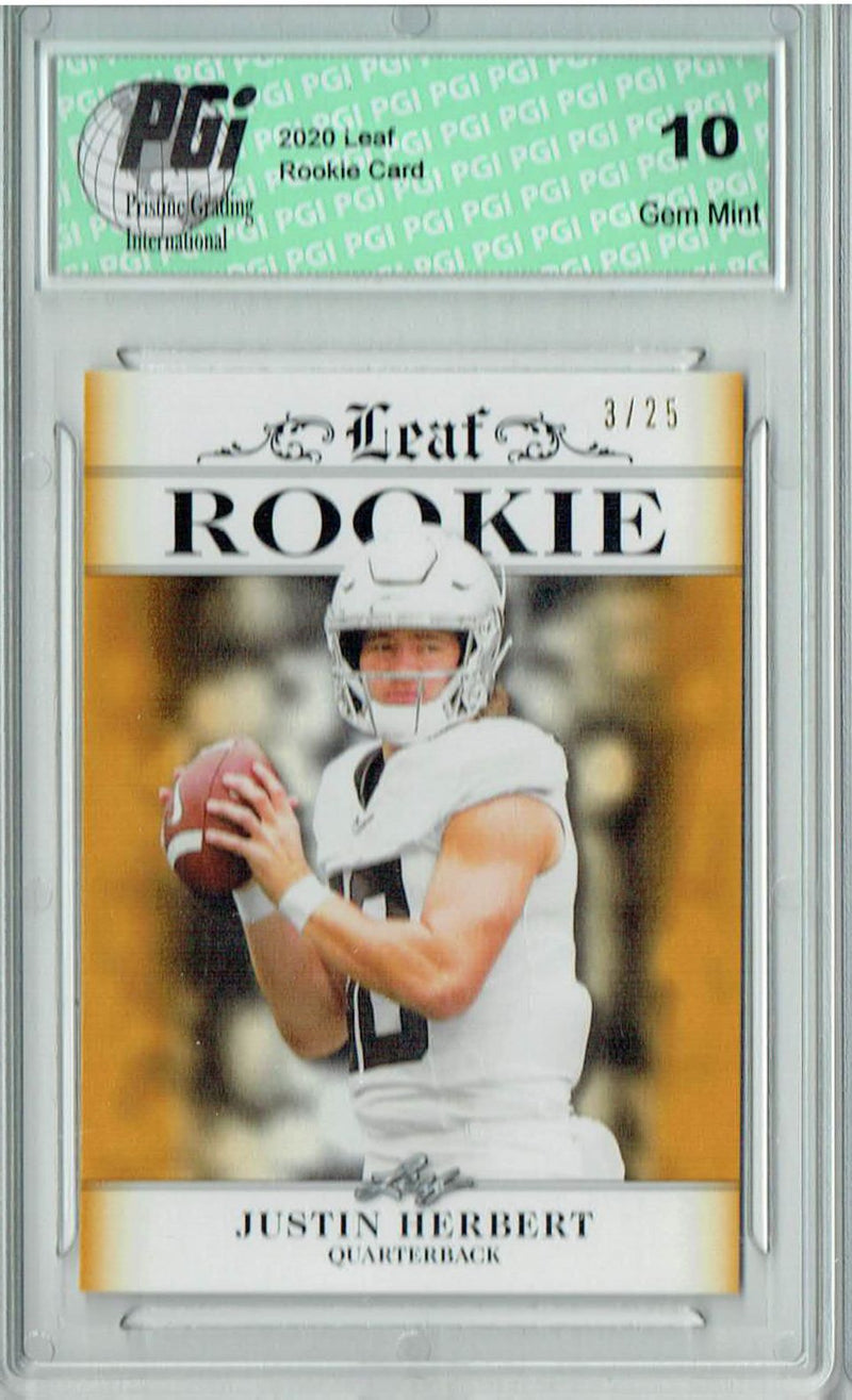 Justin Herbert Rookie Card Los Angeles PGI 10 Gem Mint Football Trading Card 2020 Leaf Exclusive #4 Gold, Only 25 Made