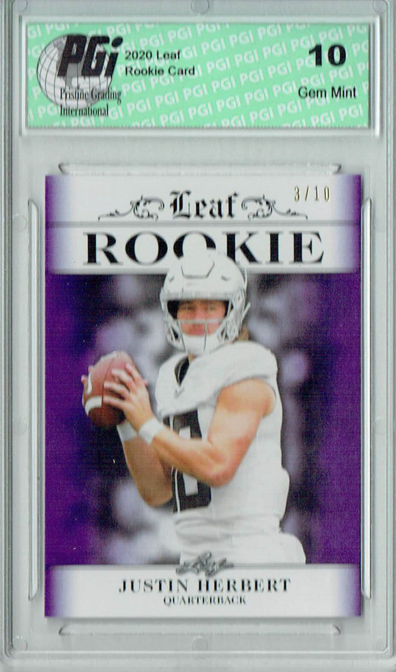 Justin Herbert Rookie Card Los Angeles PGI 10 Gem Mint Football Trading Card 2020 Leaf Exclusive #4 Purple, Only 10 Made