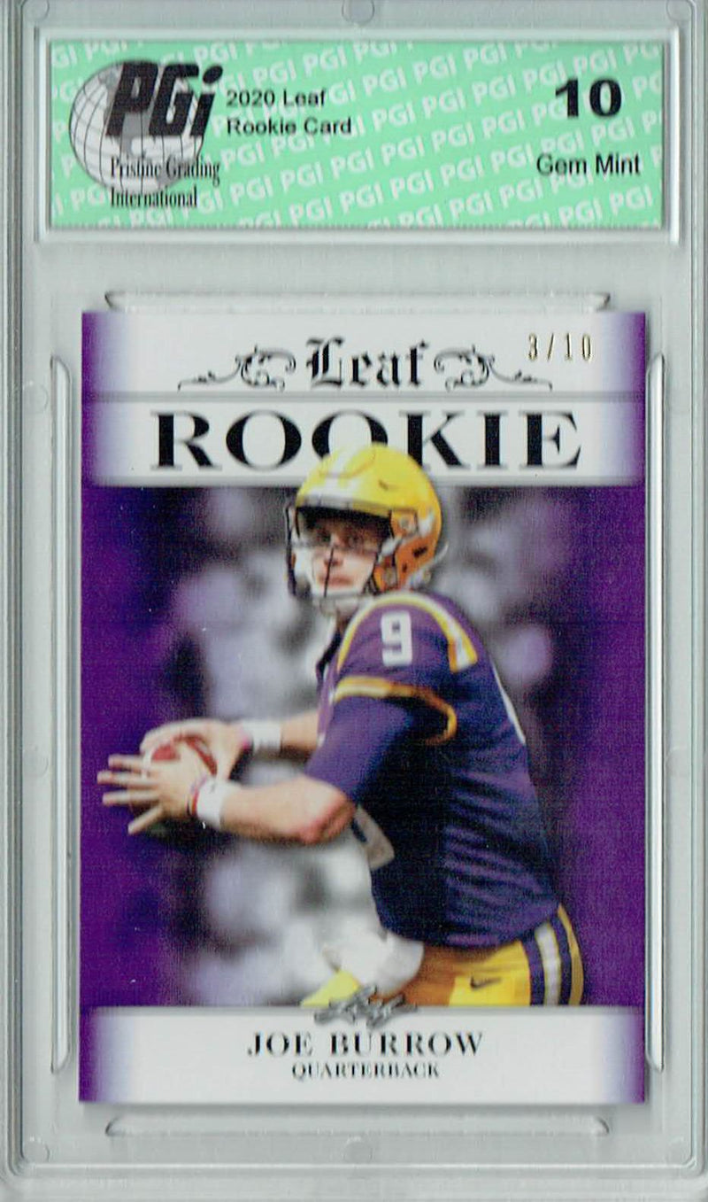 Joe Burrow Rookie Card Cincinnati PGI 10 Gem Mint Football Trading Card 2020 Leaf Exclusive #2 Purple, Only 10 Made