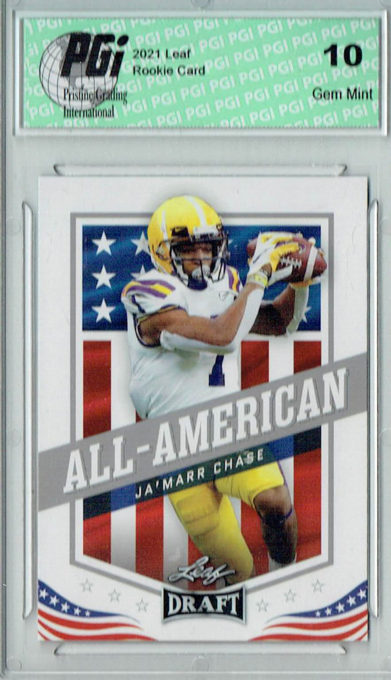 Ja'Marr Chase Rookie Card LSU / Cincinnati PGI 10 Gem Mint Football Trading Card 2021 Leaf Football #41 All-American