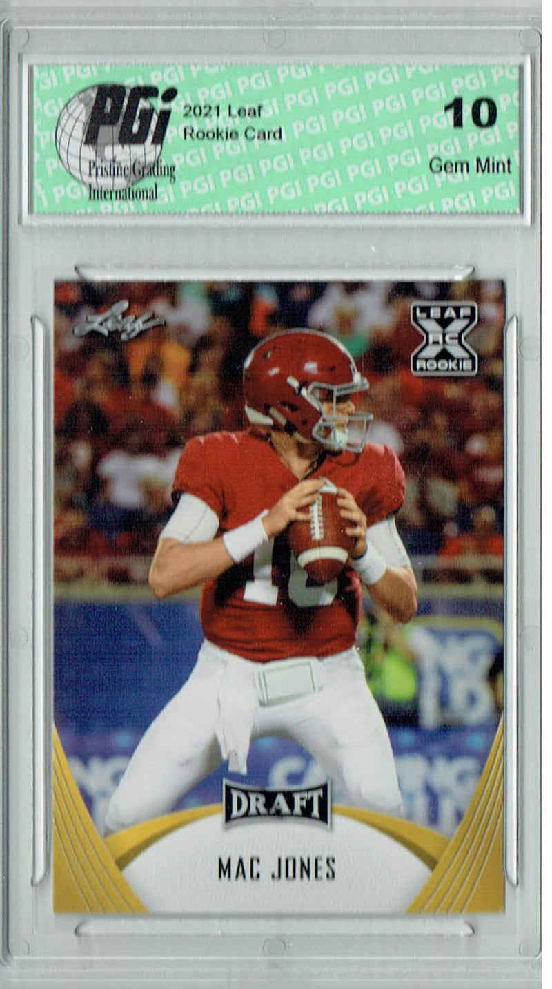 Mac Jones Rookie Card New England PGI 10 Gem Mint Football Trading Card 2021 Leaf Football #6 Gold