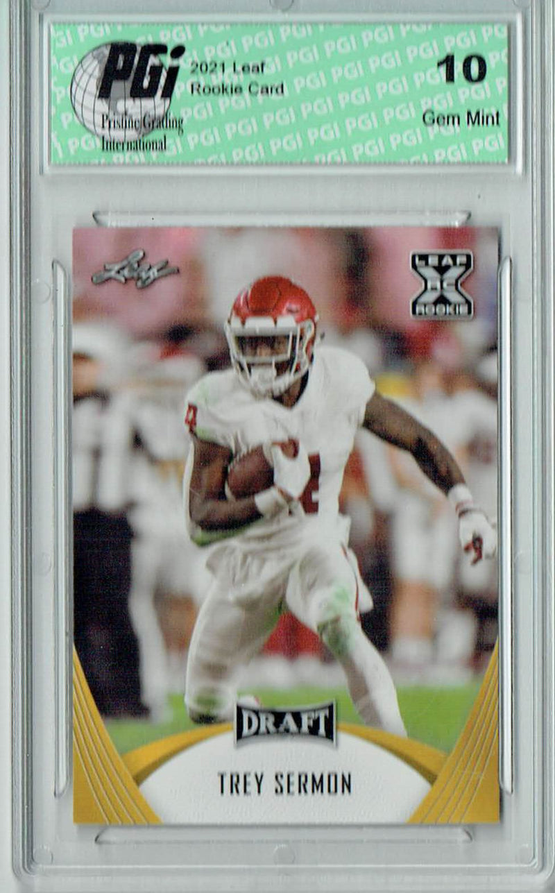Trey Sermon Rookie Card Oklahoma PGI 10 Gem Mint Football Trading Card 2021 Leaf Football #15 Gold