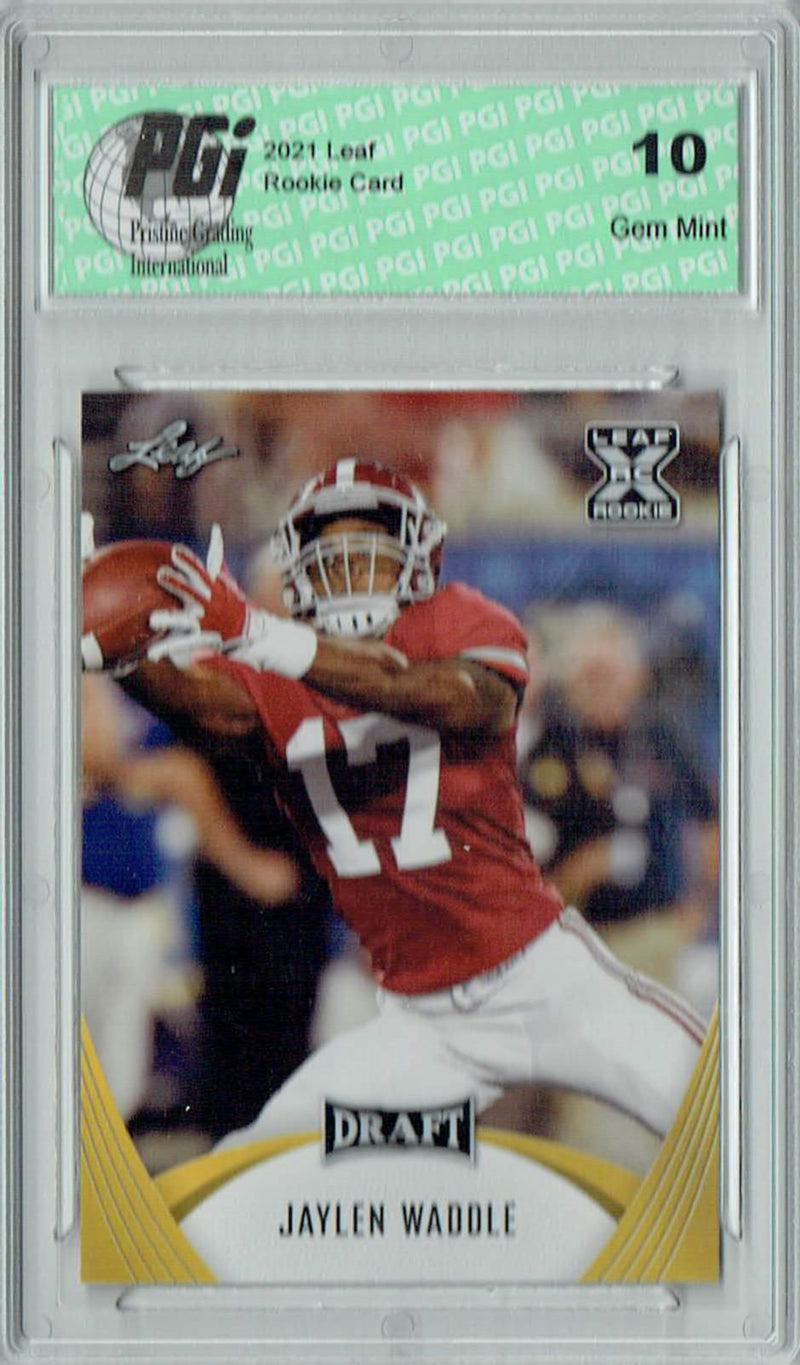 Jaylen Waddle Rookie Card Alabama PGI 10 Gem Mint Football Trading Card 2021 Leaf Football #28 Gold