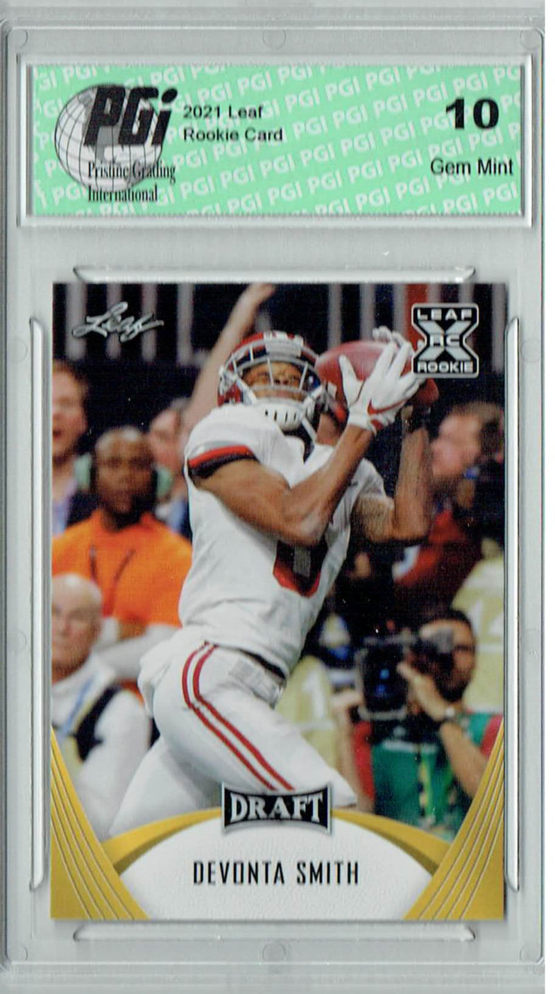 Devonta Smith Rookie Card Alabama PGI 10 Gem Mint Football Trading Card 2021 Leaf Football #26 Gold
