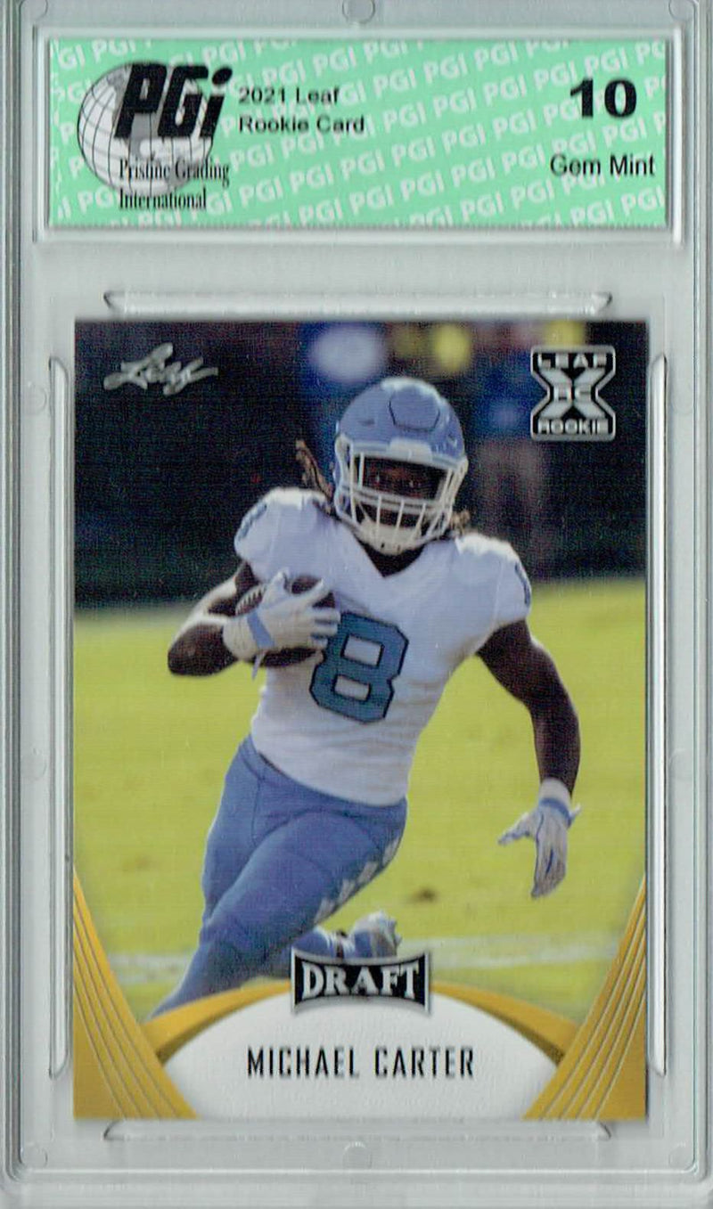 Michael Carter Rookie Card North Carolina PGI 10 Gem Mint Football Trading Card 2021 Leaf Football #23 Gold