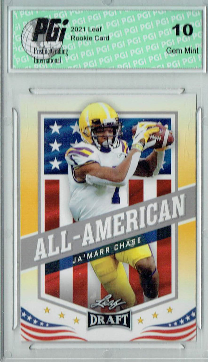 Ja'Marr Chase Rookie Card LSU / Cincinnati PGI 10 Gem Mint Football Trading Card 2021 Leaf Football #41 Gold All-American SP