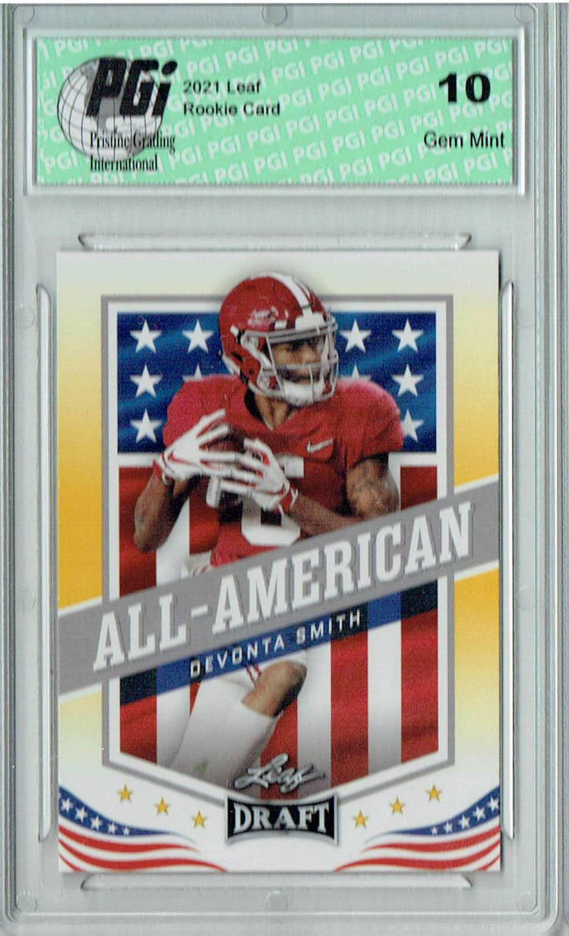 Devonta Smith Rookie Card Alabama PGI 10 Gem Mint Football Trading Card 2021 Leaf Football #42 Gold All-American SP