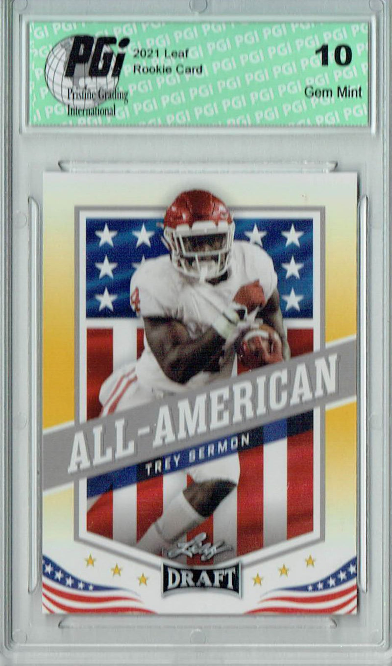 Trey Sermon Rookie Card Oklahoma PGI 10 Gem Mint Football Trading Card 2021 Leaf Football #43 Gold All-American SP